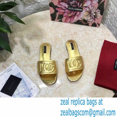 Dolce  &  Gabbana Calfskin Flat Sliders Gold With DG Millennials Logo 2021